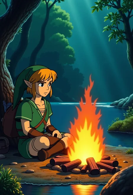 ghiblistyle, Link from legend of zelda sitting by campfire