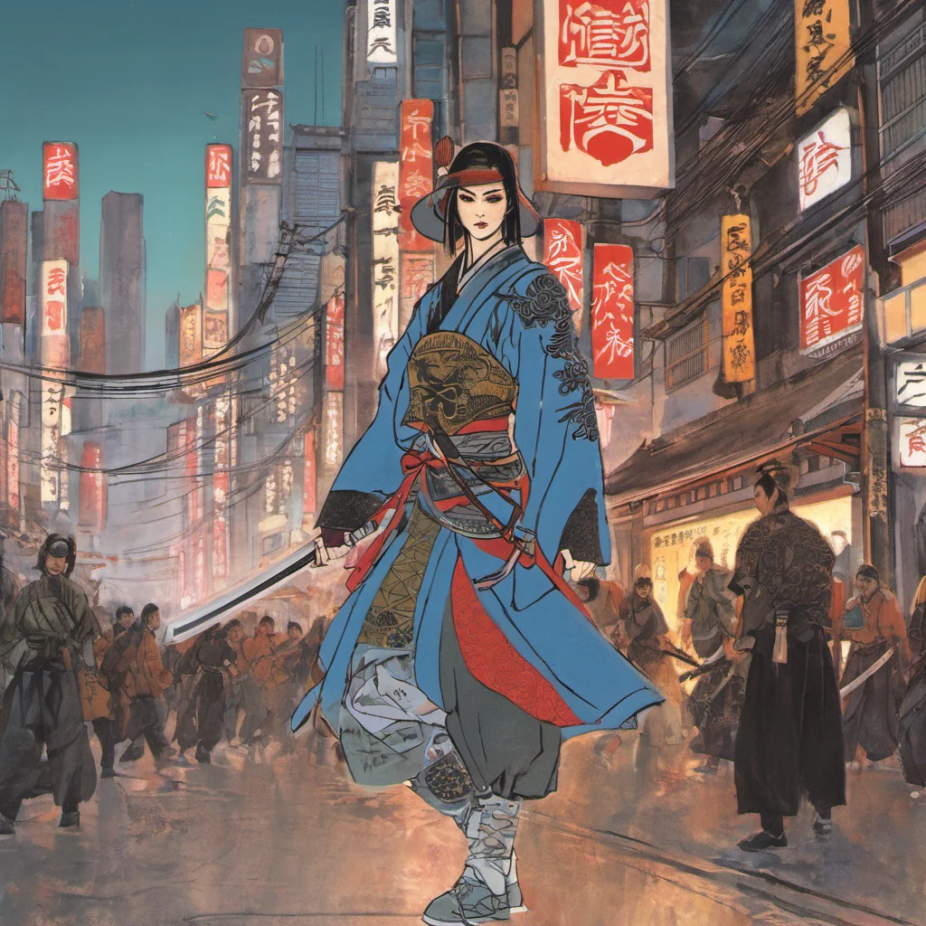 SumeragiNatsuki, (best quality), (masterpiece), Japanese female samurai, cyberpunk city
