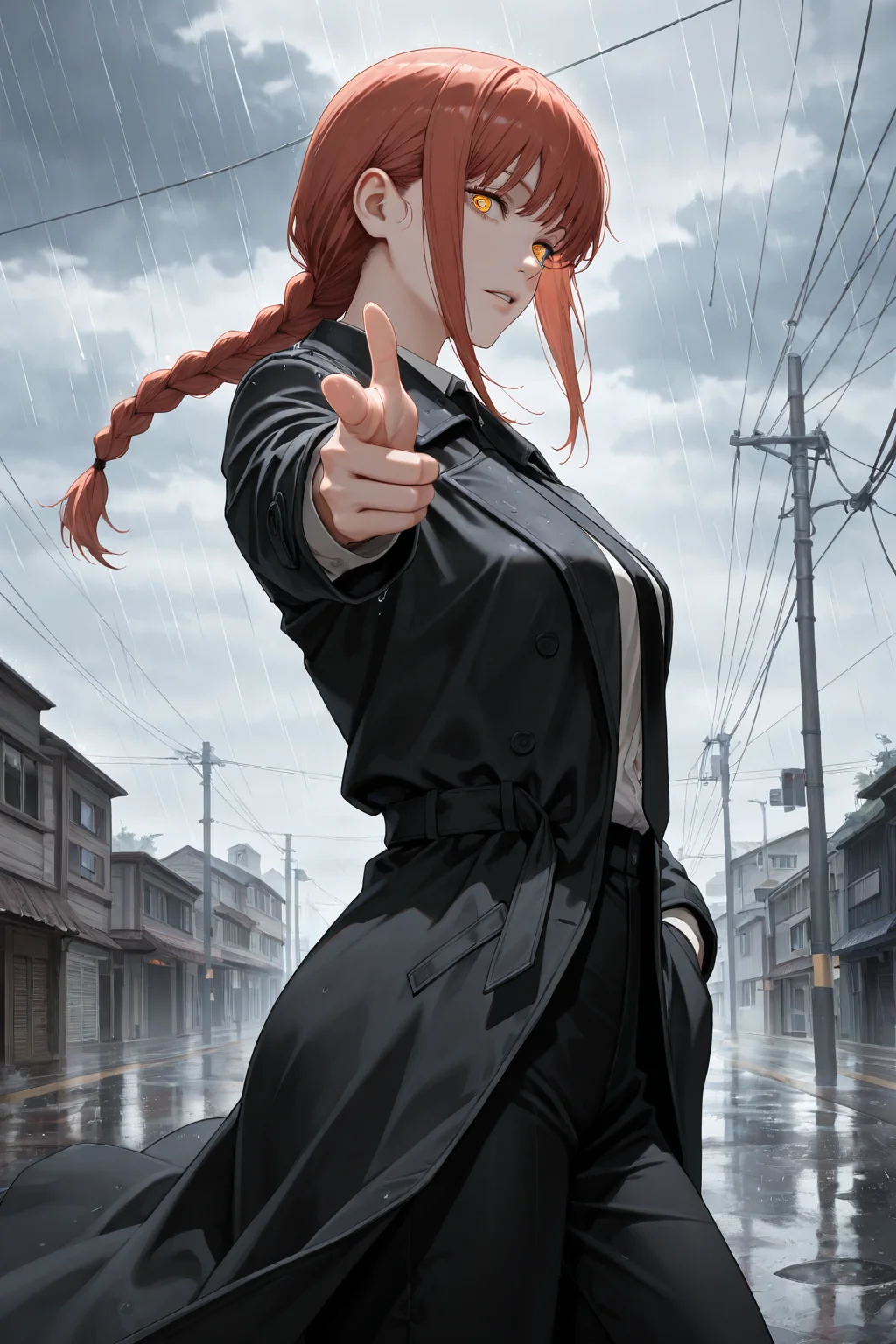 embedding:lazypos, depth of field, volumetric lighting,
1girl, Makima /(Chainsaw Man/), parted lips, black trenchcoat, hand in pocket, contrapposto, (finger gun, pointing at viewer:1.2), desolate street, heavy rain, strong wind, overcast, from side, contrast