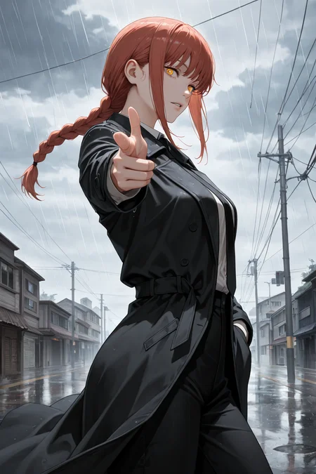 embedding:lazypos, depth of field, volumetric lighting,
1girl, Makima /(Chainsaw Man/), parted lips, black trenchcoat, hand in pocket, contrapposto, (finger gun, pointing at viewer:1.2), desolate street, heavy rain, strong wind, overcast, from side, contrast
