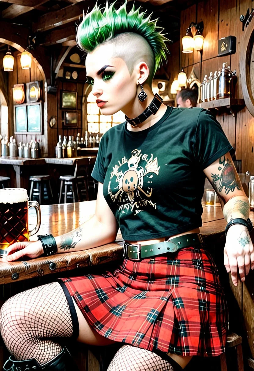score_9, score_8_up, score_7_up, P0ll4, green hair, mohawk, short hair, undercut, makeup, green eyes, tattoo, breasts, collar, black t-shirt, midriff, belt, red skirt, plaid skirt, fishnet thighhighs, black boots, earrings, standing leaning against the wall inside a medieval tavern, drinking beer, highly detailed, high contrast, film grain, Rim Lighting