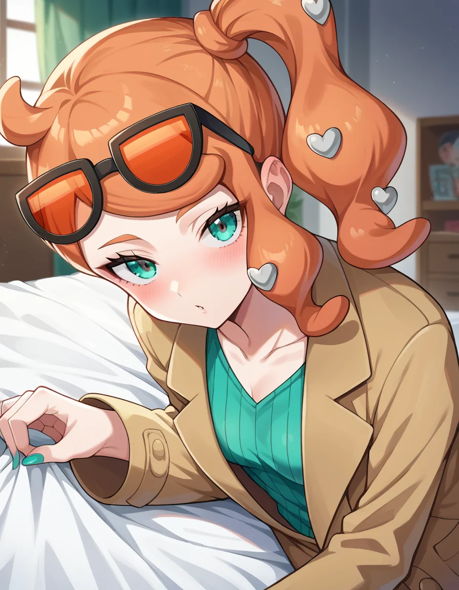 score_9, score_8_up, score_7_up, source_anime,
pokemonsonia, <lora:pokemon-sonia-ponyxl-lora-nochekaiser:1>
pokemonsonia, aqua eyes, heart, heart hair ornament, long hair, long sleeves, orange hair, side ponytail, swept bangs,
aqua footwear, aqua nails, aqua shirt, brown coat, brown jacket, coat, collarbone, eyewear on head, jacket, long sleeves, orange-tinted eyewear, pants, ribbed shirt, shirt, sunglasses, tinted eyewear,
indoors, bed, bed room, on side, blush, drunk,
looking at viewer, cowboy shot, dutch angle,
