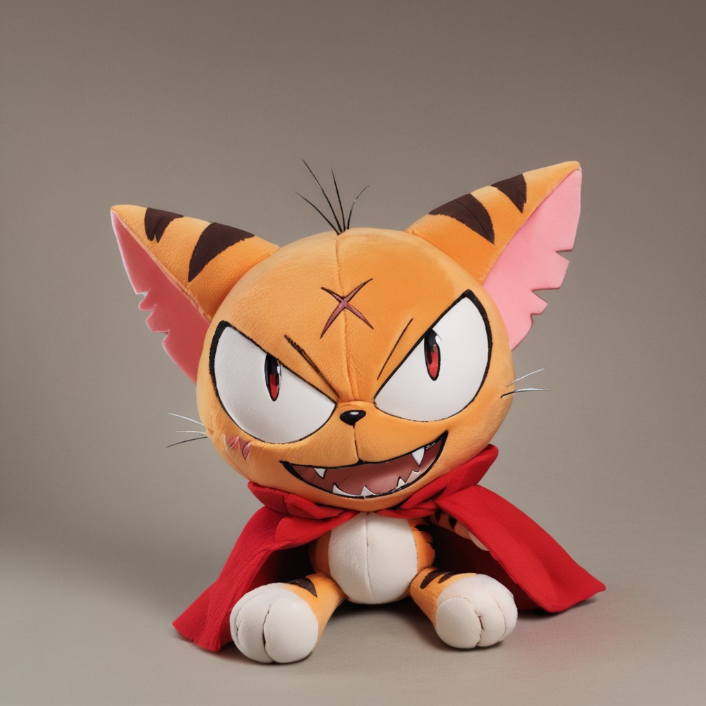 matatabi_ckc, solo, furry male, furry, looking at viewer, orange fur, eyepatch, male, cat, scar, red cape, , smile, open mouth, fangs, 1 eye, eye, looking at viewer, (((score_9, score_8, score_7, high quality, high detail, detailed face, good anatomy, plushify, character stuffed toy, chibi)))