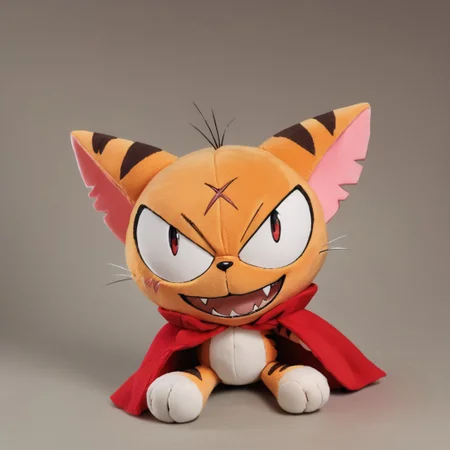 matatabi_ckc, solo, furry male, furry, looking at viewer, orange fur, eyepatch, male, cat, scar, red cape, , smile, open mouth, fangs, 1 eye, eye, looking at viewer, (((score_9, score_8, score_7, high quality, high detail, detailed face, good anatomy, plushify, character stuffed toy, chibi)))