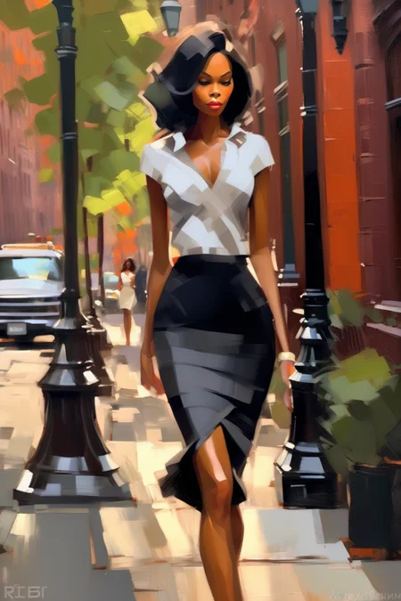 <lora:Ben Aronson Style:1>Ben Aronson Style - A chic curvaceous ebony woman wearing a pencil skirt by Victoria Beckham, walking through the tree-lined streets of Greenwich Village in New York City painted in Irene Sheri style. She pairs the skirt with a simple blouse and classic pumps. The setting is charming, quaint, and captures the historic charm of this iconic neighborhood.