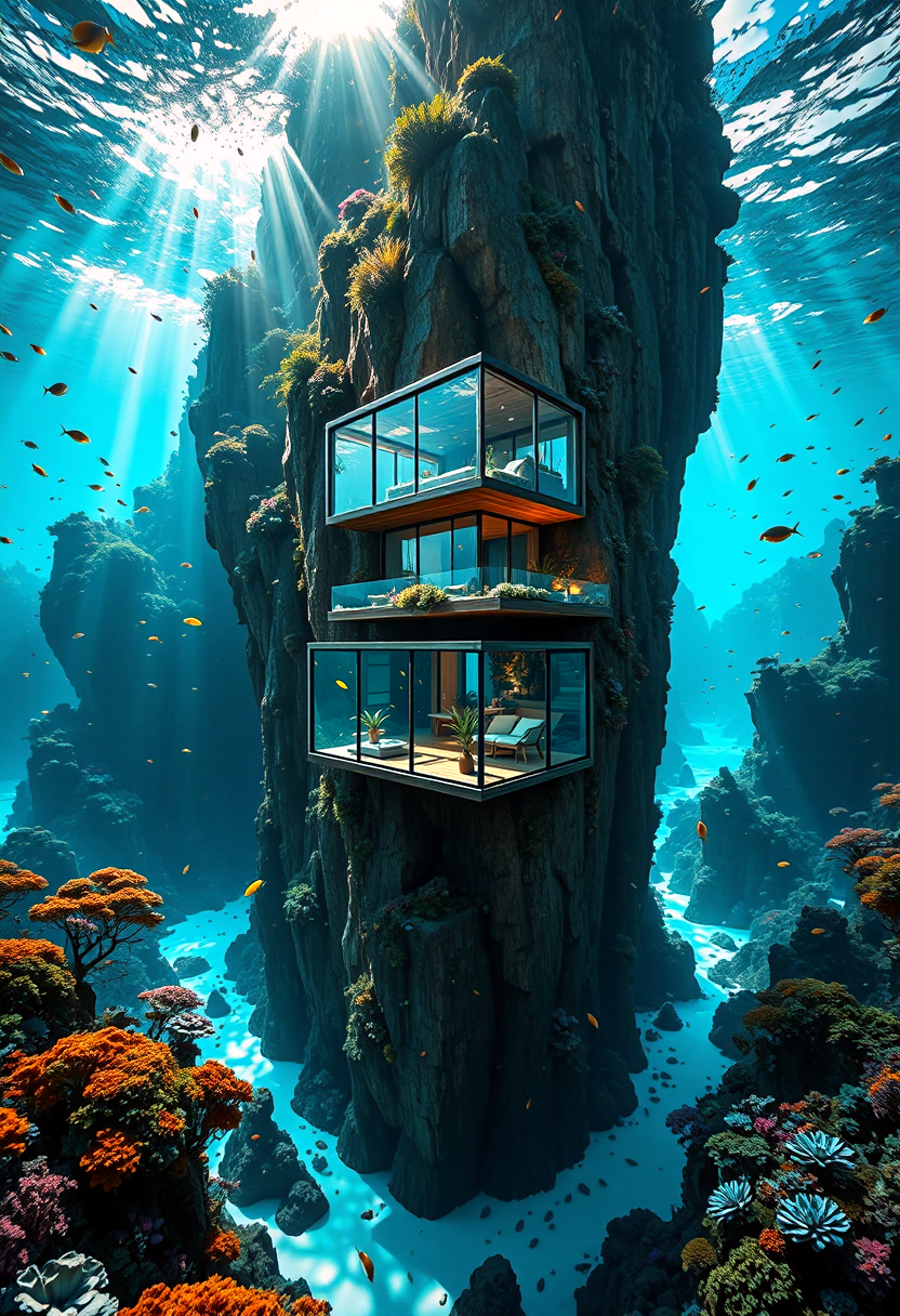This is a stunning photograph with a strong perspective on a surreal and majestic modern house nestled beneath the sea, built into an extremely deep underwater cliff. The house consists of three distinct rectangular blocks with thick, sealed glass walls, wooden floors, and wooden ceilings, each positioned at different points on the cliff and separated from each other by several meters in height. These glass blocks offer a panoramic view of the paradisiacal underwater landscape while keeping the interiors dry and comfortable. The terraces, also enclosed and sealed behind glass, provide a seamless and safe connection to the underwater environment. The structures are integrated into the rocky wall, blending perfectly with the natural surroundings adorned with vibrant coral reefs and schools of colorful fish. Below, the seafloor is filled with dense forests of kelp, pristine white sand expanses, and crystal-clear turquoise waters, creating a striking contrast between the artificial structures and the natural underwater paradise. The house is supported by the cliff, providing a sense of stability and grandeur. The water is a vibrant blue, illuminated by sunlight filtering through from above, adding an ethereal glow to the scene. The color palette includes natural tones and vibrant blues and greens, reflecting a balance between nature and modern design. The photograph evokes feelings of wonder, harmony, and the unlimited potential of combining organic and contemporary elements in a peaceful fusion, all while ensuring the comfort and safety of the inhabitants within the watertight glass enclosures.