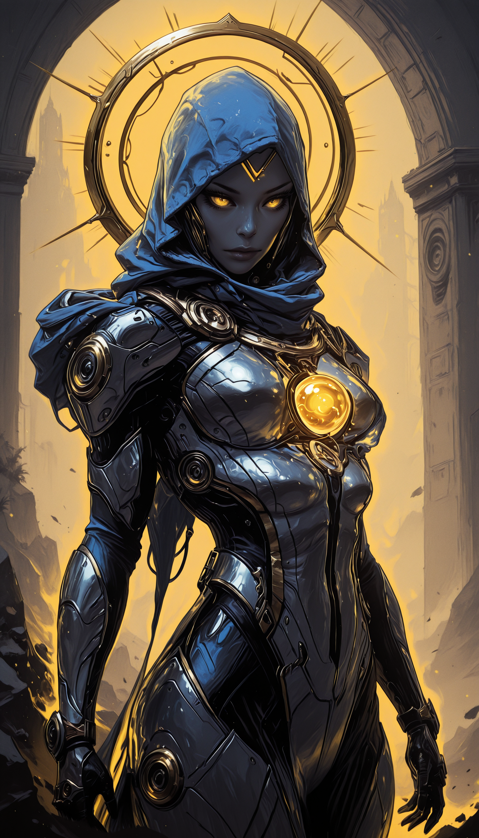 WCG-Illu,, kaarea masterpiece, best quality, high quality, ultra-detailed, realistic,  traditional media, limited palette, partially colored, vivid_color, high contrast, speed lines, sound effects, move_effects, action Create a digital artwork of a futuristic, armored figure. The figure is clad in sleek, metallic armor with a deep purple hue, accented by gold and silver details. The armor features sharp, angular patterns and a central glowing orb that illuminates the figure's face, casting a radiant glow. The character's hood obscures most of their face, adding an element of mystery. The background is a blend of dark and ethereal colors, with a large, circular, golden halo-like structure that enhances the mystical ambiance. The overall style should reflect a fusion of science fiction and fantasy genres, creating a captivating and immersive visual experience. 1girl, solo, breasts, medium_breasts, standing, cowboy_shot, hood, armor, halo, bodysuit, glowing, hood_up, WCG-Illu,, kaarea