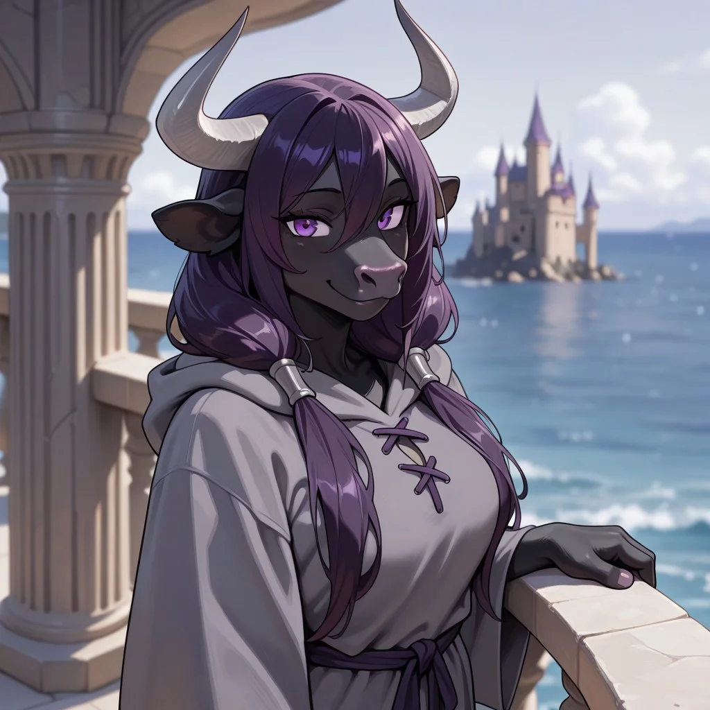 masterpiece, best quality, amazing quality, very aesthetic, solo,
minotaur, furry,
1 girl, female focus, purple eyes, black skin, dark purple hair, pigtails, long hair, gray horns, gray robe,
(looking at viewer:1.2), smiling,
castle balcony, sea, fantasy background, blurred background,