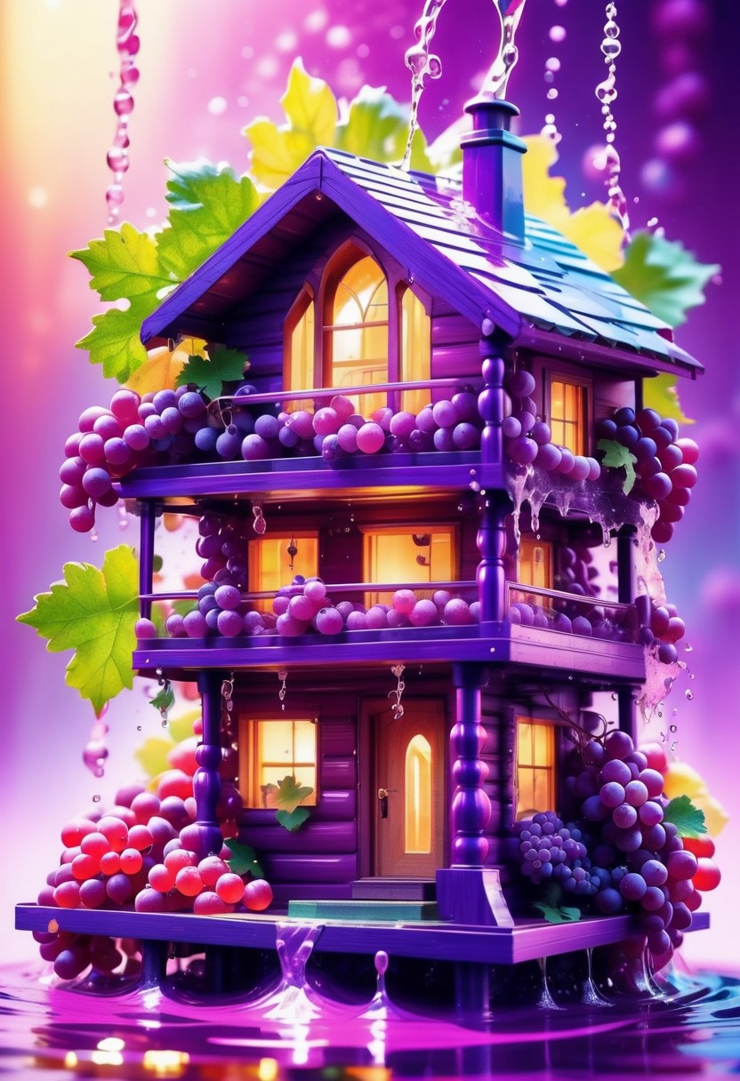 psychedelic cabin made of grapes, splash water, flashing particles , depth of field, clean background, made from grapes<lora:ral-rawmeat:1>