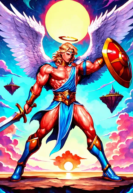 masterpiece, best quality, amazing quality, very aesthetic, absurdres, newest, FMIXF, vibrant details, gohheracilxl, 1boy, blonde hair, medium hair, mature male, muscular, bulging muscles, pectorals, toned male, male focus, angel wings, winged circlet, blue armbands, (blue loincloth, gold accents:1.2), blue boots, (holding red circular shield, holding sword:1.1), standing pose, floating island, clouds, sun halo,