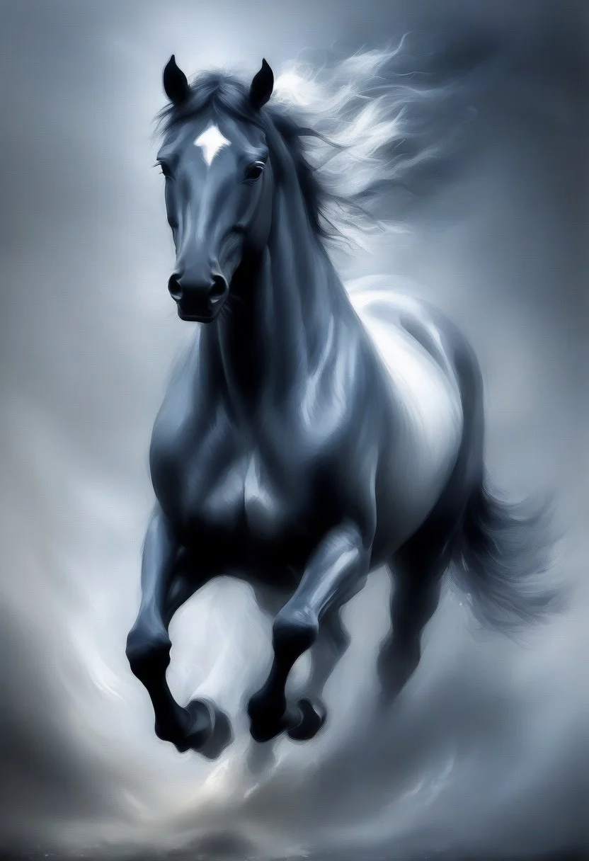 novuschroma style, a galloping horse with fluttering mane in wispy vapor