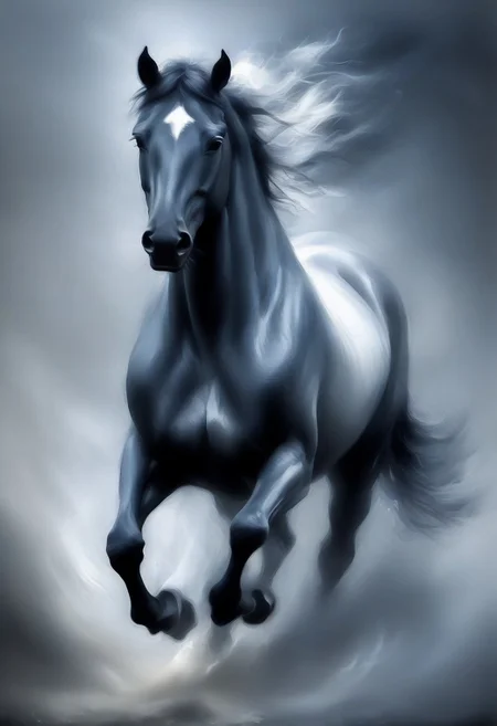 novuschroma style, a galloping horse with fluttering mane in wispy vapor