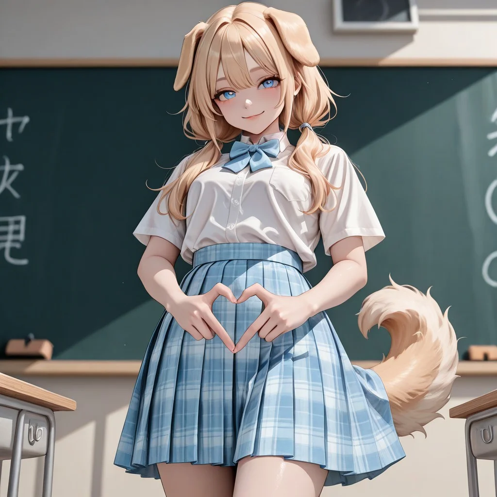 masterpiece, very aesthetic, best quality, 1girl, dog girl, dog ears, floppy ears, golden retriever tail, golden hair, long hair, twintails, big eyes, blue eyes, puppy dog eyes, seductive smile, small breasts, standing, seductive pose, four finger heart hands, blue skirt, blue bow, school uniform, white shirt, plaid skirt, ksg skirt, seductive smile, blurry background, school classroom, chalkboard, windows, from front, from below, looking at viewer, , <lora:c1221b57-de68-4f61-bf74-592496806b1b:1.0>, <lora:b859d07c-f155-4a27-9a3b-bcd1e5db7af8:0.7>