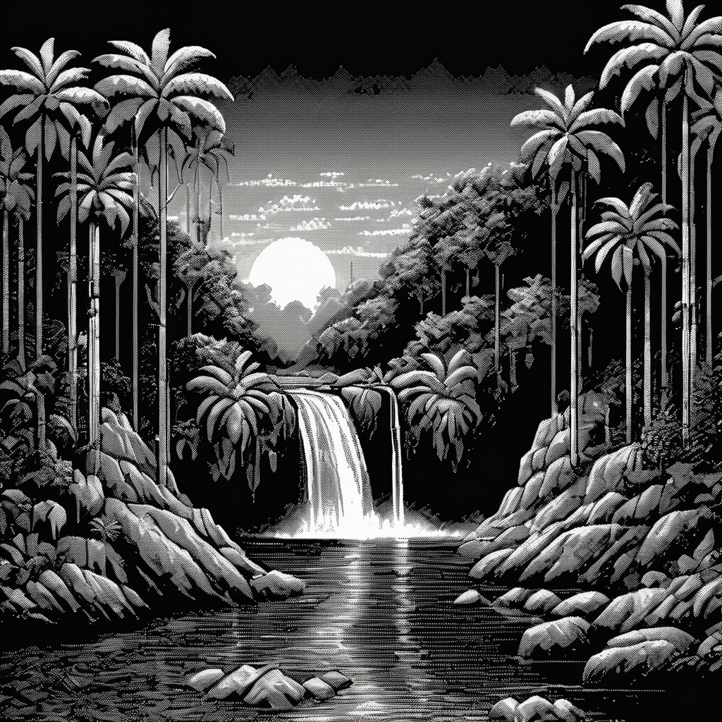 <lora:Macpaint-XL-000015:1>, Macpaint, a black and white pixel image of a highly detailed jungle landscape with rocks and a waterfall at night and a sunset, pixel art, best quality, 80s, masterpiece, dithering, intricately detailed, mist