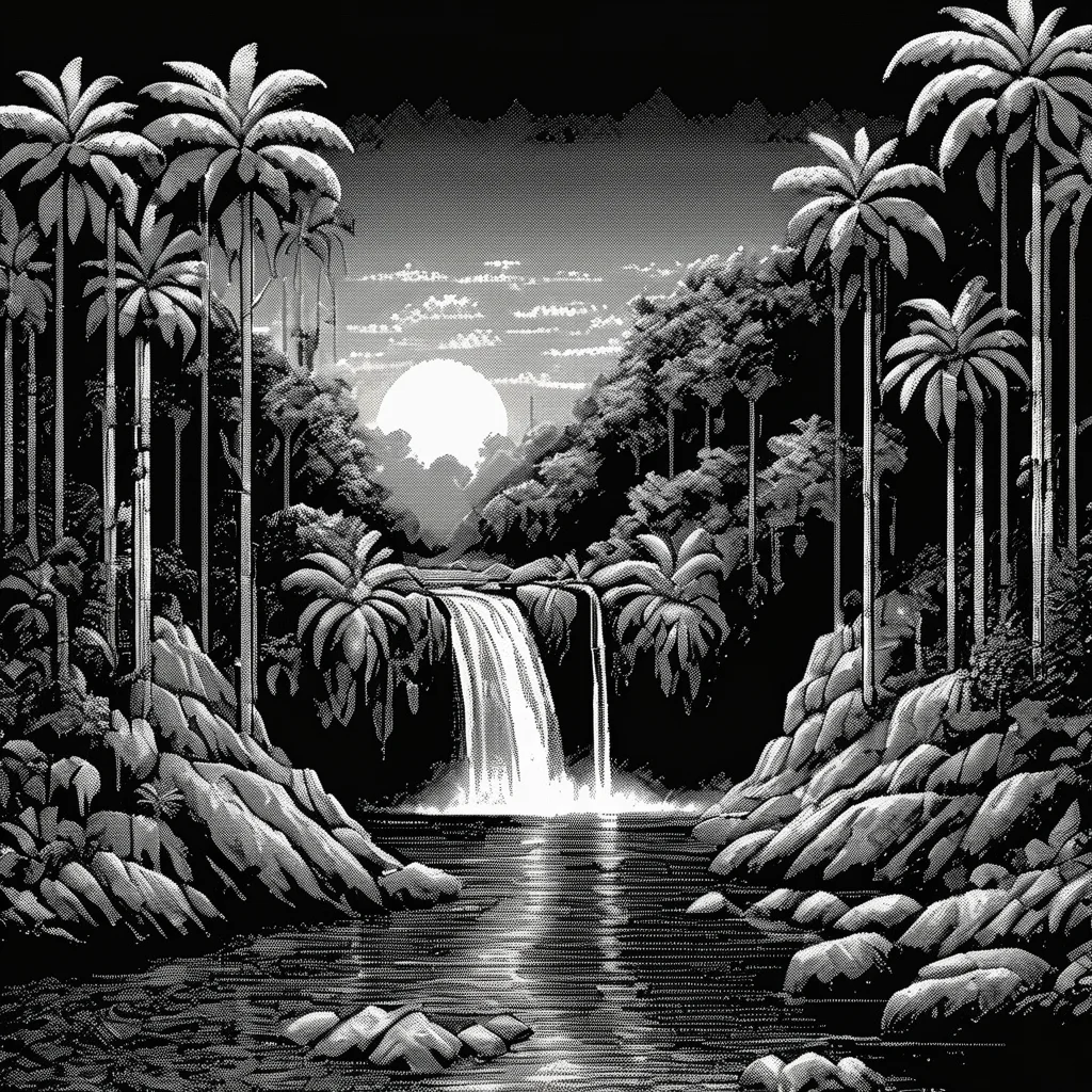 <lora:Macpaint-XL-000015:1>, Macpaint, a black and white pixel image of a highly detailed jungle landscape with rocks and a waterfall at night and a sunset, pixel art, best quality, 80s, masterpiece, dithering, intricately detailed, mist