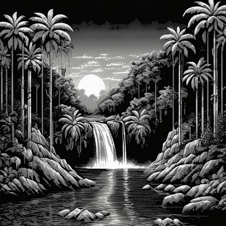 <lora:Macpaint-XL-000015:1>, Macpaint, a black and white pixel image of a highly detailed jungle landscape with rocks and a waterfall at night and a sunset, pixel art, best quality, 80s, masterpiece, dithering, intricately detailed, mist