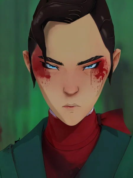 Mizu, solo,looking at viewer,short hair,blue eyes,shirt,black hair,1boy,closed mouth,jacket,male focus,blood,makeup,looking down,thick eyebrows,red shirt,portrait,red jacket,green background,blood on face,blood on clothes <lora:BlueEyeSamurai:1>