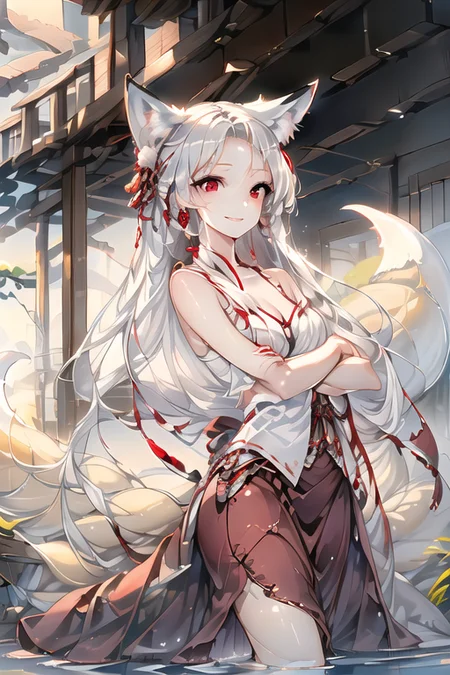 1girl,curvy,<lora:huli_20230826211729:1>,huli,Fox ear,<lora:1656730884429688287:1>,good hands,best hands,(seductive_smile:1.2),(arms_crossed:1.3),(shiny_eyes:1.3),water_eyes,(red eyes:1.2),big eyes,small nose,