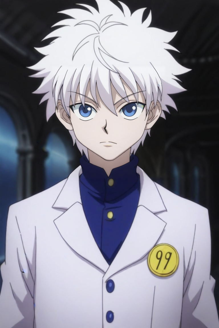 score_9, score_8_up, score_7_up, score_6_up, score_5_up, score_4_up, BREAK source_anime, (best quality:1.1), (masterpiece:1.4), looking at viewer, upper body, depth of field, 1boy, solo, male focus, <lora:killua_zoldyck_pony:0.76>, killua_zoldyck, white hair, blue eyes, blazer, , science fiction cyber-thriller, Hands on the back of the neck, indicating frustration or stress, <lora:sdxl_lightning_8step_lora:1>