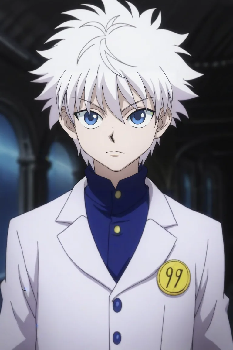 score_9, score_8_up, score_7_up, score_6_up, score_5_up, score_4_up, BREAK source_anime, (best quality:1.1), (masterpiece:1.4), looking at viewer, upper body, depth of field, 1boy, solo, male focus, <lora:killua_zoldyck_pony:0.76>, killua_zoldyck, white hair, blue eyes, blazer, , science fiction cyber-thriller, Hands on the back of the neck, indicating frustration or stress, <lora:sdxl_lightning_8step_lora:1>
