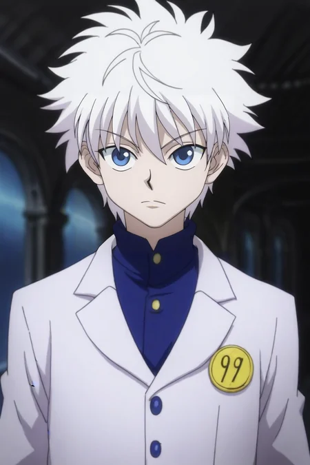 score_9, score_8_up, score_7_up, score_6_up, score_5_up, score_4_up, BREAK source_anime, (best quality:1.1), (masterpiece:1.4), looking at viewer, upper body, depth of field, 1boy, solo, male focus, <lora:killua_zoldyck_pony:0.76>, killua_zoldyck, white hair, blue eyes, blazer, , science fiction cyber-thriller, Hands on the back of the neck, indicating frustration or stress, <lora:sdxl_lightning_8step_lora:1>