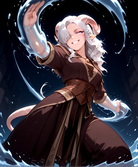 <lora:water_whip_magic:1> waterwhip, water arms, slashing, solo, water manipulation, grin, amputee, tentacles, dynamic pose, from below, lowing hands,, masterpiece, best quality, tiefling, pointy ears, tiefling, silver hair, ivory sheep horn,
<lora:Tiefling_bard_Diana_v2:0.9> red whisker_markings, silver long wavy hair, bell necklace, short pointy ears, purple eyes, tiefling_bard_diana:1.2, hair over one eye, braid,
cow tail:1.4,