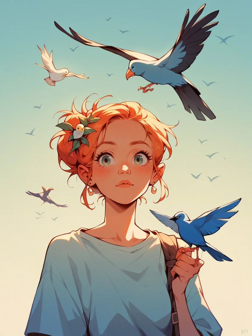 score_9, score_8_up, score_7_up, score_6_up, <lora:p3tl0v3XLP:1> p3tl0v3, 1girl, bird, bird on shoulder