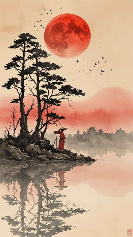 Watercolour paint effect, on partchment, red moon, Lake, japanese writing, ripples, sky, trees, reflection, mist, woman, <lora:Paint_Effects_SDXL_-_By_DICE:1>, Watercolour Paint Effect
