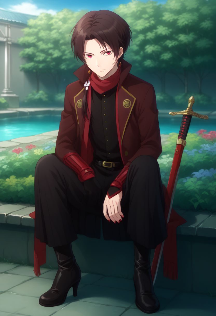 score_9, score_8_up, score_7_up, source_anime, highly detailed, 
kashuu, male focus, 1boy, weapon, sword, red eyes, mole under mouth, high heels, ponytail,
high heel boots, scarf, boots, solo, earrings, nail polish, jewelry,  brown hair, red nails, full body, mole,
outdoor, garden, japanese, sit,