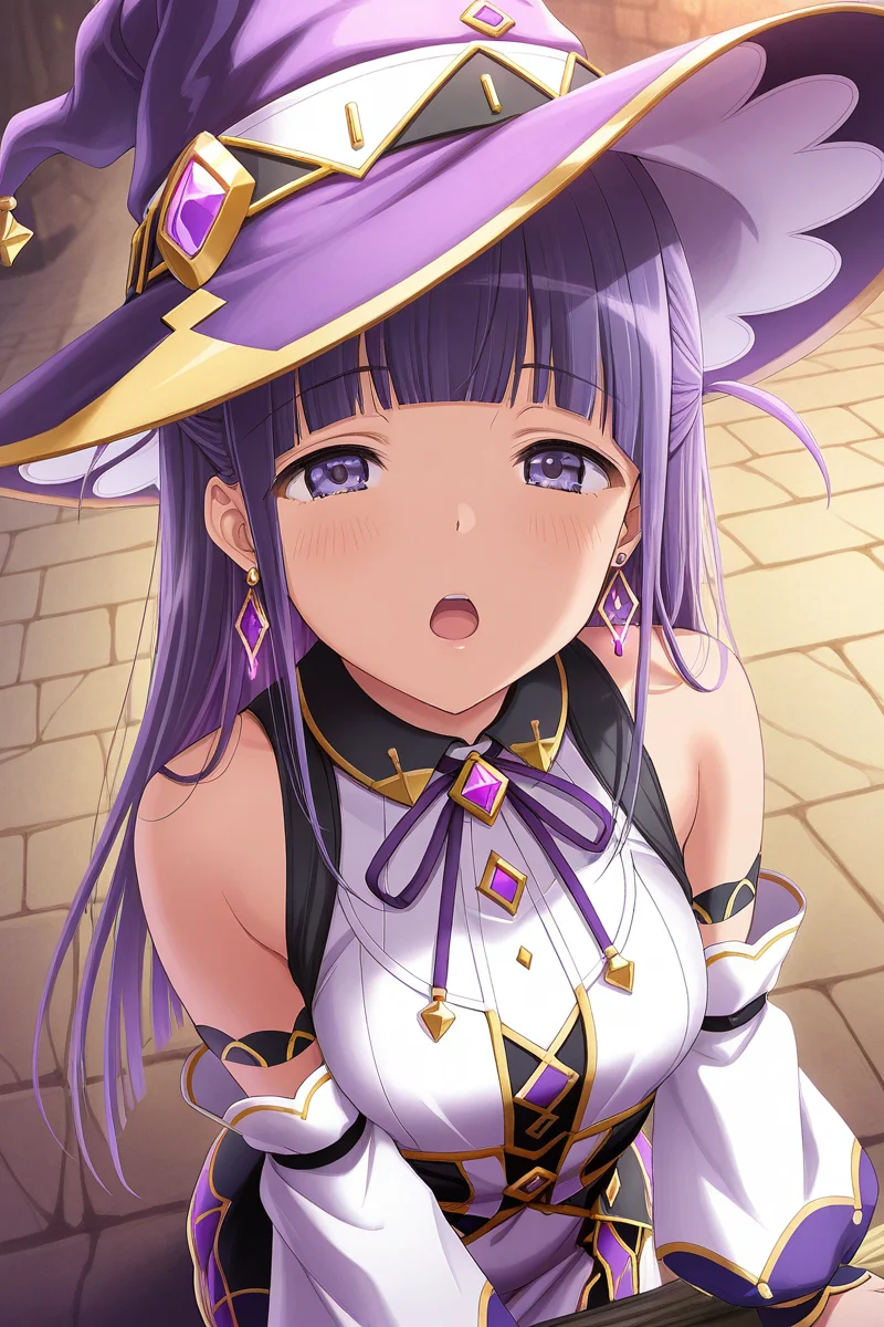 masterpiece, best quality, amazing quality,
<lora:Mahiru_IL:1> mahiru, 1girl, solo, hat, witch hat, long hair, bangs, blunt bangs, purple hair, open mouth, earrings, detached sleeves, jewelry, purple eyes, looking at viewer