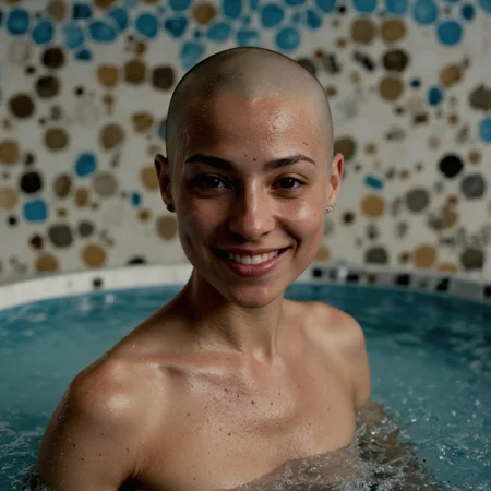 Vibrant Colorful Realistic analog photo, very detailed, hyper detailed, photorealistic, uhd, 4k, a moody Face Closeup of a freckled Busty naked bedouin woman, turquoise golden/marble white tiles at the Wall, Realistic analog photo, awesome, high Quality, naked full body 35mm photograph of an freckled woman with a smooth bald head, large sagging breasts, genuine loving smile, big blue eyes, detailed eyebrows, eye lashes, cozy dimly lit, candid shot, high contrast, intricately detailed real skin, photorealistic, atmospheric lighting, volumetric lighting, cinematic, Epic Film Quality. intricately royal, stunning detailed, bathing room, Crystal turquoise water, bubbles foaming, Misty atmosphere, dense fog from the hot water