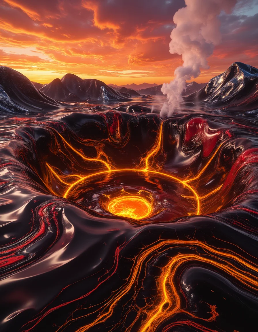 A volcanic crater at dusk, its entire rim and interior made of flowing, molten liquid marble. Waves of glossy red, gold, and obsidian ripple outward from the bubbling magma pool in the center. The air glows with fiery reflections that dance across the glossy, reflective surface of the surrounding landscape, blending with the orange hues of the setting sun. Streams of metallic silver mist rise into the glowing, crimson sky.
<lora:ral-lqdmrbls-flux_000004000:1>