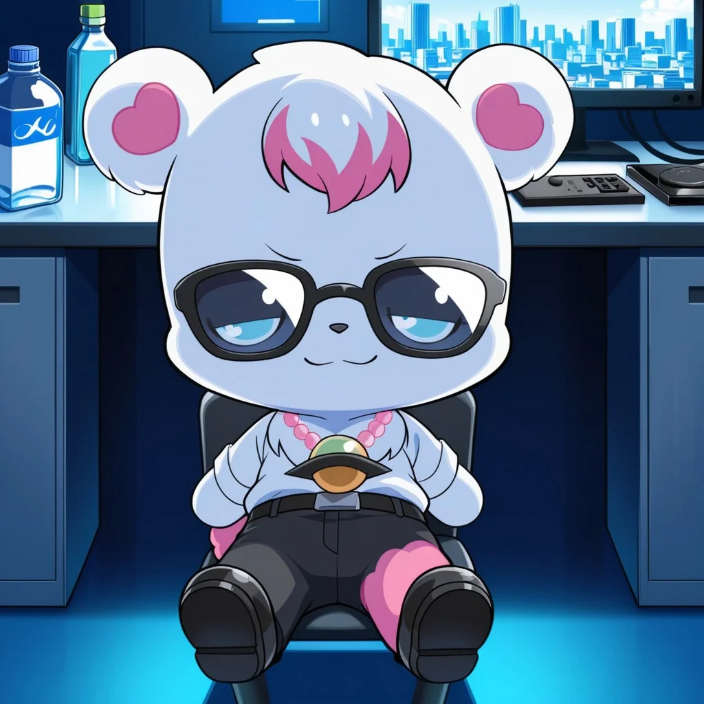 score_9, score_8_up, score_7_up, score_6_up, score_5_up,
best quality, masterpiece, smirks, Full Body, Romantic, Small Body, Furry, looking_pleasured, labrajp, chibi, feral, multicolored hair, pink tail, tufted fur, furry, one pink leg, necklace, bear, agent headquarters, control room, black button down shirt, black pants, red tie, black shoes, spy glasses, sitting on chair, remote control, bottle of water, large screen, city on screen
