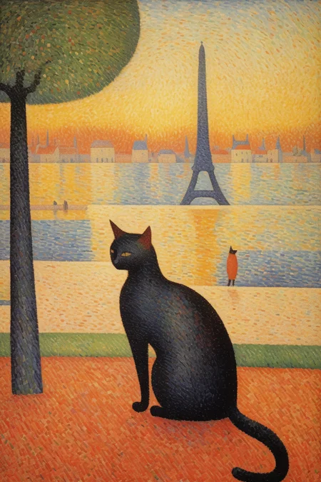 <lora:Paul Signac Style:1>Paul Signac Style - painting by Georges-Pierre Seurat depicting a colored cat