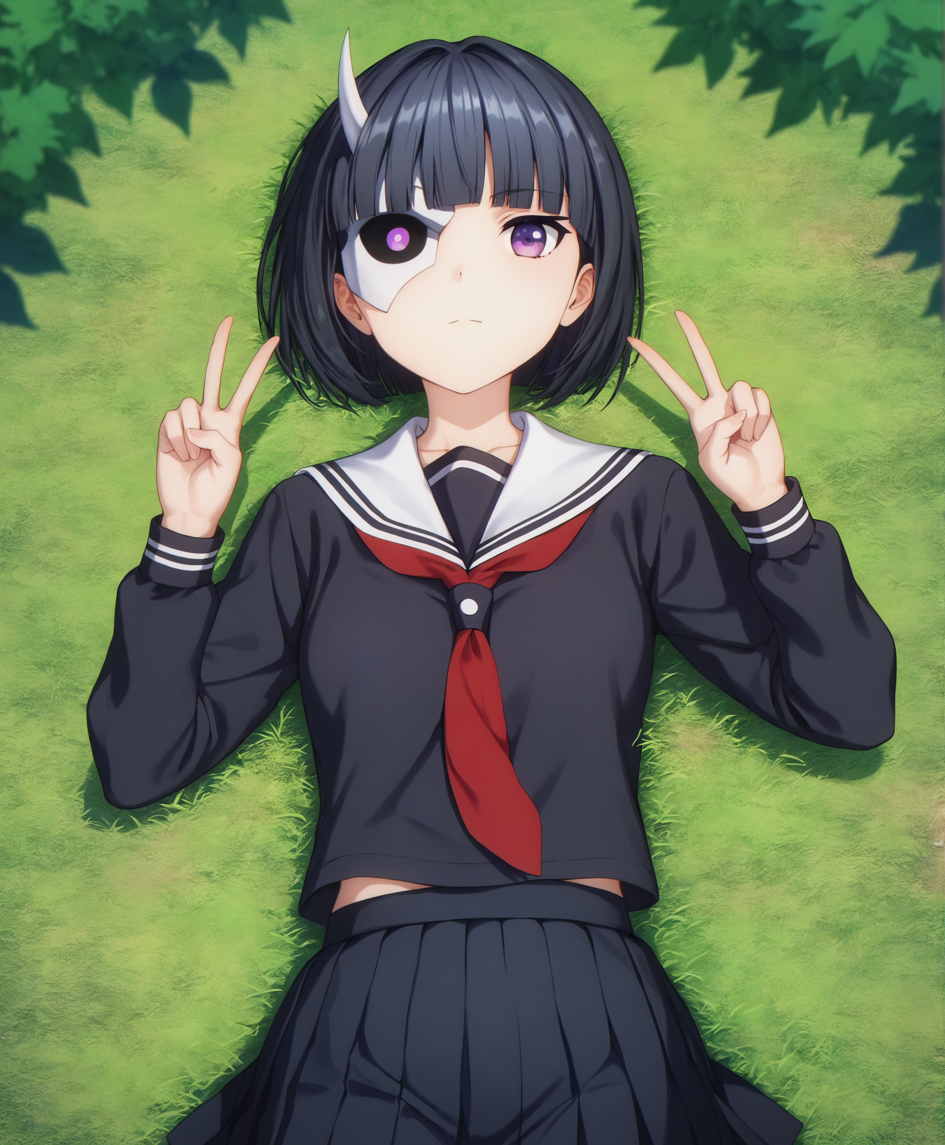 score_9, score_8_up, score_7_up, highres, hi res, best quality, masterpiece, 2d, intricate details, 4k, anime coloring, shadow, uncensored,
1girl, solo, female, short hair, black hair, purple eyes, blunt bangs, bob cut, single horn, mask, 
school uniform, black shirt, black skirt, sailor collar, sailor fuku, red necktie, white sailor collar, pleated skirt,
hands up, double v, v sign, lying, on back, 
portrait, upper body, looking at viewer, facing viewer, leaning back,
outdoors, forest, grass, on grass, depth of field, trees, foliage, bushes, <lora:Rin_Onigawara1024_Pony:1>, busou shoujo machiavellism,