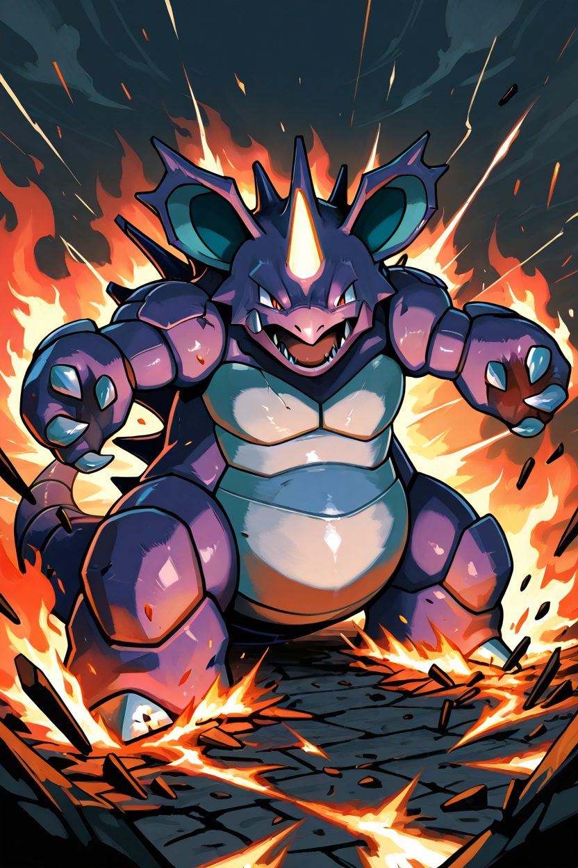 masterpiece, best quality,   Nidoking, solo, no humans, pokemon (creature), single horn, claws, <lora:NidokingPokedexIXL:1.0>,  roaring, shattered battlefield, broken weapons, scattered shields, intense flames, smoke, flexing muscles, glowing horn, powerful earthquake, ground splitting, dramatic shadows, sparks, chaos, destruction, cinematic intensity