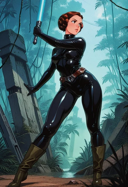 masterpiece, best quality, absurdres, amazing quality, high resolution, , princessleia, 1girl, solo, brown hair, hair buns, brown eyes, latex, catsuit, dark green boots, belt, holding blue lightsaber,outdoors, 80s style, retro_artstyle, retro, ancient ruins, jungle, cool pose, dynamic angle