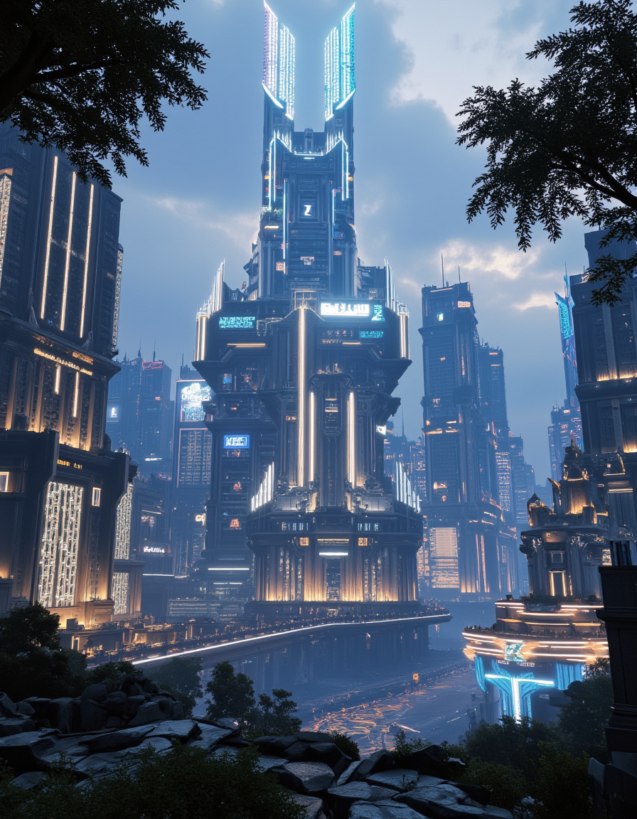 <lora:City_Worlds_01_Effects_fluxc:1> citybkg, cyberpunk, cyberpunk city, design buildings, t1, t2, t3, fantasy, t10, bokeh, blue, gold, shiny diamonds, tree, white, waves,