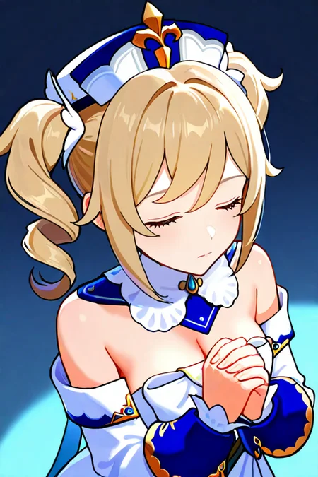 masterpiece, High quality, Ultra detailed, 2d, newest, absurdres, highres, BREAK
1girl, solo, <lora:barbara:0.8>, barbara_(genshin_impact), twintails, drills hair, blonde hair, white headwear, blue eyes, 
medium breasts, barbaradef, detached collar, bare shoulders, bow, frilled dress, strapless dress, white dress, strapless, long sleeves, detached sleeves, from above, closed mouth, closed eyes, praying, upper body,