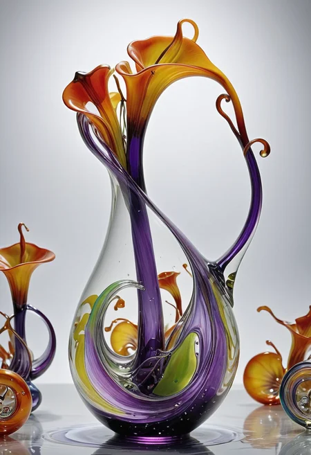 made out of,colorful,liquid,Murano Art glass,
A pitcher plant, its long, elegant form created from a single, continuous swirl of blown glass. The pitcher itself is a pool of deceptively inviting, purple-tinted glass, its depths swirling with captured raindrops and the ghostly forms of dissolved insects. Tiny air bubbles, trapped within the glass, add to the sense of morbid beauty.