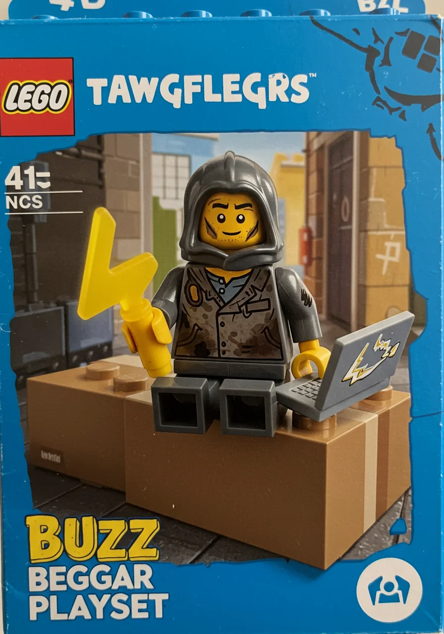 a blue lego box showing a hooded dirty lego minifig sitting on a cardboard box in an allyway. Undereath it says 'BUZZ BEGGAR PLAYSET'. The figurine is holding a yellow lightning symbol and a laptop