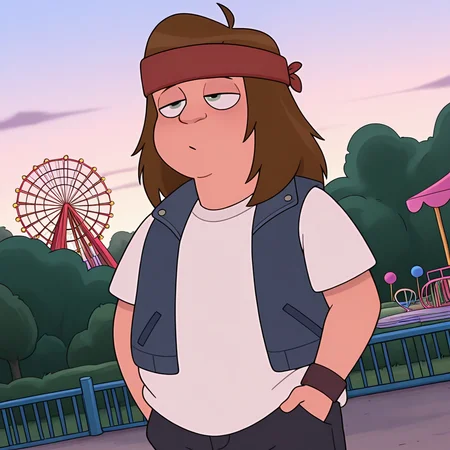 masterpiece, colorful, vibrant, very aesthetic, amazing_quality, best quality, <lora:chainsaw-10:1> hoi-chainsaw, 1boy, male focus, (aged_down:0.5), plump, red hairband, outdoors, hand in pocket, toon \(style\), relaxing, dynamic angle, half-closed eyes,
, blue cropped vest, white t-shirt, purple (single wristband), amusement park