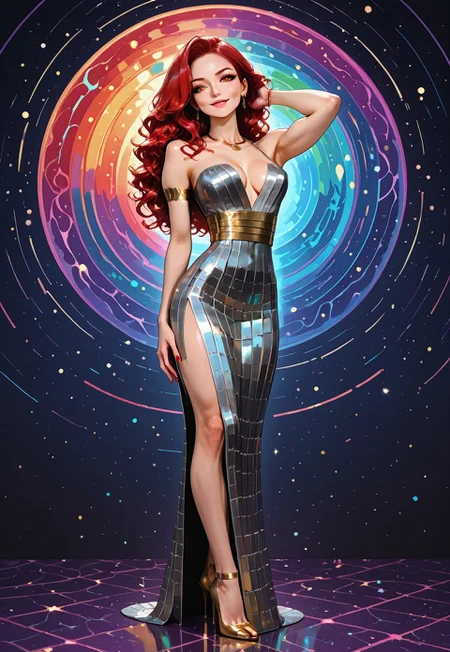 score_9, score_8_up, score_7_up, score_6_up, masterpiece, high details, eye catching, mature female, sharp, bright colors, abstract rainbow magical paint background,
lw88,
BREAK,
Abby, AbbyRH,
big hair, red hair, asymmetric hair style, long wavy hair,
amber eyes,
fit, perfect body, medium breasts, perky breasts, wide hips, narrow waist, deltoids, biceps, abs, cleavage, bare shoulders, collarbone, nails, red nails, gold necklace, ear piercings, earrings, armlet, gold jewelry, gold heels,
BREAK,
Jo-metgala2025, metal dress,
BREAK,
full body, looking at viewer, from below, foreshortening, head tilt, contrapposto, plantar flexion,
standing, legs apart, hands in own hair, arched back,
cute, seductive smile, plump lips,