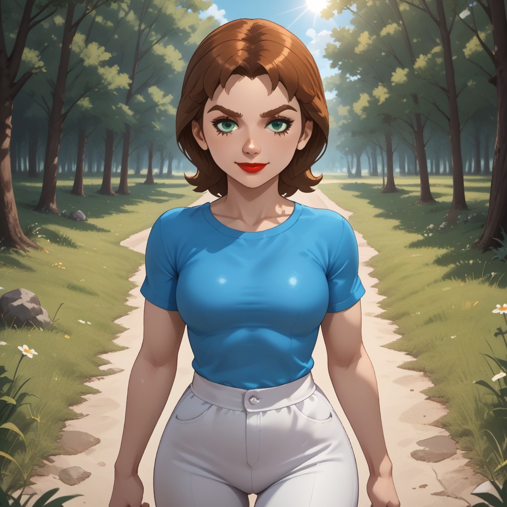 score_9, score_8, BREAK, solo, wii, mii, wii sports, 1girl, female mii, green eyes, auburn hair, brown eyebrows, red lips, lipstick, cyan clothing, white pants, shoes, nintendo mii, modern_mii, classic_mii, breasts, Anna_(Wii_Sports), sexy pose, self portrait, smile, outdoors, sunlight, shadows, evening lighting, natural lighting, forest, trees, grass, orange sky, sunset
