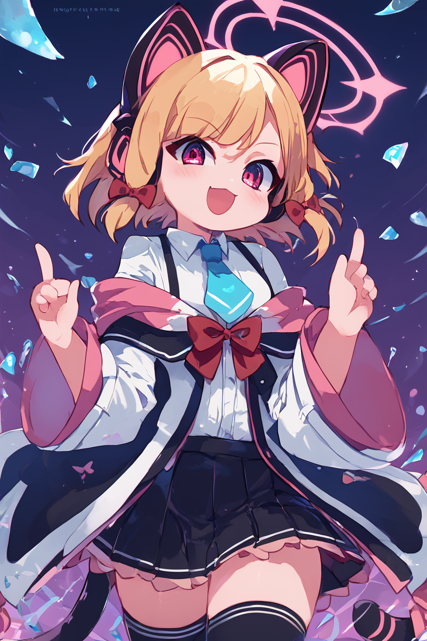 score_9, score_8_up, score_8, medium breasts, (curvy), cute, eyelashes,       BREAK, , ,,, zzMomoi, blonde hair, animal ears, fake animal ears, animal ear headphones, headphones, short hair, bow, halo, cat ear headphones, hair bow, red bow, pink eyes, pink halo, tail, cat tail, red eyes, collared shirt, long sleeves, pleated skirt,  white shirt, black skirt, blue necktie, white jacket, wide sleeves, black thighhighs, suspender skirt ,<lora:Momoi_BlueArchive_PDXL:0.8>,    ,,,, BREAK, smile, looking at viewer, cowboy shot, ,,, embedding:zPDXL, Expressiveh, ,,, <lora:Zankuro_Style_PDXL:0.8> <lora:SDXLFaeTastic2400:0.5>, <lora:Expressive_H-000001:0.4>,