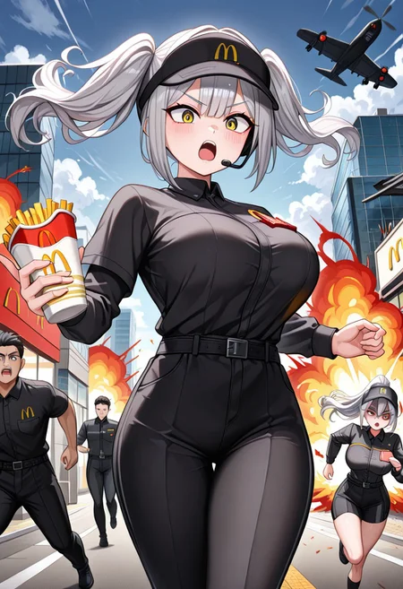 masterpiece, best quality,
belorta, twintails, short hair, gray hair, big breast, yellow eyes, shaded face, scared,
mac, McDonald's uniform, black uniform, black hat, headset, holding hamburgers, angry mob, running, explosion in background, building on fire, fighter plane in background, cloudy skies, motion blur, dynamic pose, running pose, holding french fries, black pants, looking behind, speed lines,