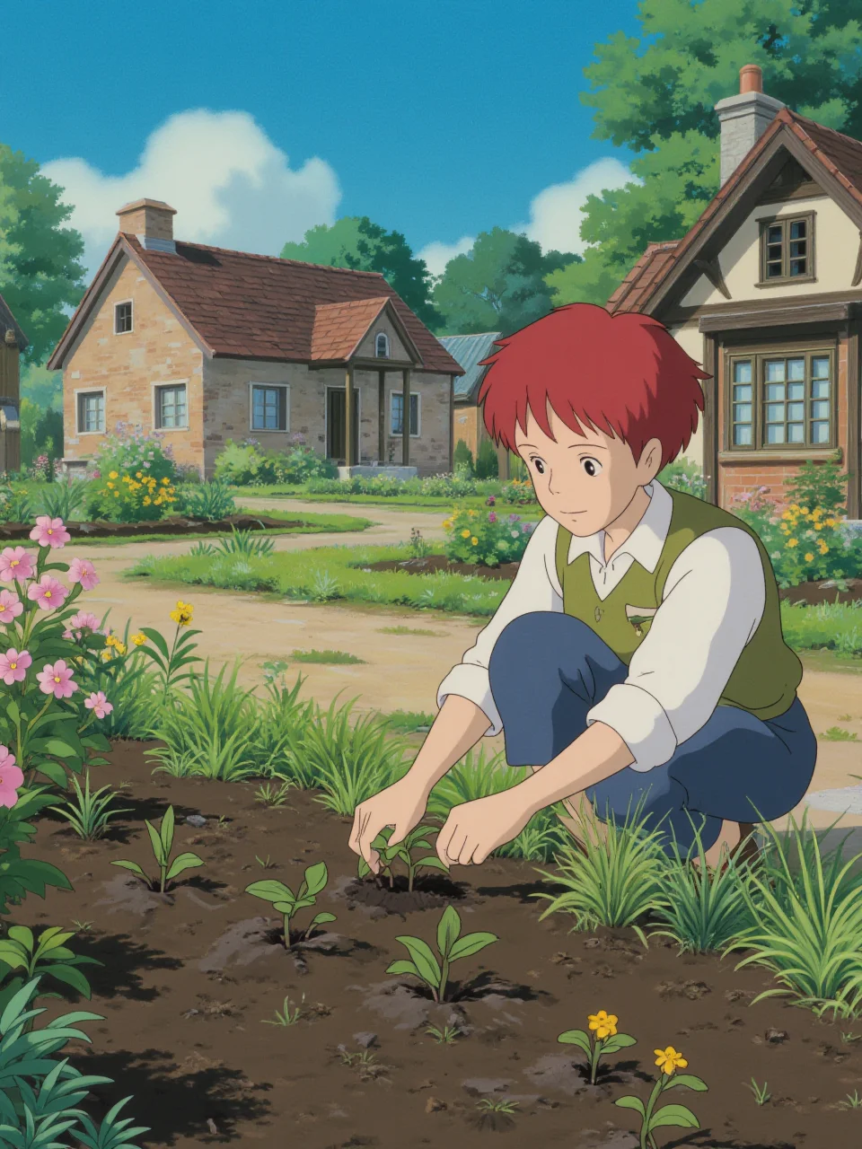 A young woman with short red hair and a green vest is kneeling beside a flower bed, planting new shoots. The village is peaceful, with cottages surrounded by vibrant gardens. The sky is clear, and the sun is shining warmly on the earth. The air is filled with the scent of fresh soil and blooming flowers.