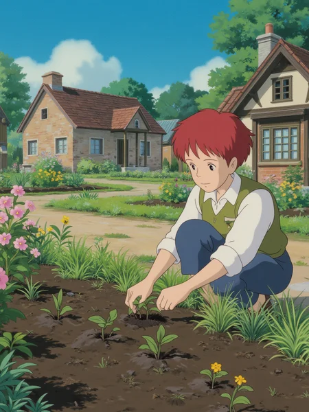 A young woman with short red hair and a green vest is kneeling beside a flower bed, planting new shoots. The village is peaceful, with cottages surrounded by vibrant gardens. The sky is clear, and the sun is shining warmly on the earth. The air is filled with the scent of fresh soil and blooming flowers.