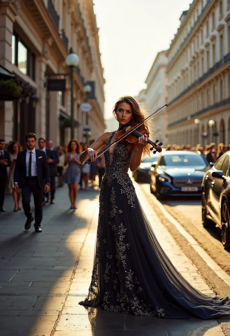 a highly detailed and professional photo featuring a a young woman in an elegant, flowing evening gown, standing in the middle of Via Montenapoleone in Milan during Fashion Week. Her dress is a stunning, floor-length piece in a rich, deep shade, perhaps midnight blue or burgundy, with intricate lace and beadwork catching the light. The gown moves gracefully around her as she plays an antique Stradivari violin, her fingers gliding over the strings with precision and elegance. Her expression is intense and focused, fully absorbed in her music, radiating a sense of dedication and passion.
Around her, the busy street is filled with the buzz of Fashion Weekâcrowds of well-dressed tourists, photographers, and fashion enthusiasts with cameras, eagerly capturing the cityâs luxury and style. High-end boutiques line the street on both sides, their polished glass windows displaying designer handbags, dresses, and jewelry. Luxury cars, including sleek black sedans and brightly colored sports cars, are parked along the sides of the road, adding to the opulence of the scene.
The lighting is golden and warm, with the late afternoon sun casting a soft glow over the street, illuminating the woman and her violin in a spotlight-like effect that enhances her elegance. The violin itself shows signs of age and history, its wood a warm, time-worn color that contrasts with the modern, bustling backdrop of Milanâs fashion district. The strings of the instrument vibrate visibly, hinting at the beautiful, soulful music filling the air.
This juxtaposition of old and new, elegance and energy, adds a timeless, almost magical quality to the imageâan iconic moment where art and culture blend effortlessly with the stylish, contemporary world of Fashion Week in Milan.