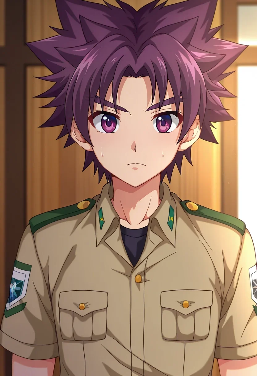 masterpiece, best quality, , anime screencap, , official style, , depth of field, 1boy, solo, male focus, <lora:yoichi_yukimura_ilxl:0.96>, yoichi_yukimura, purple hair, purple eyes, short hair, spiked hair, uniform, ,